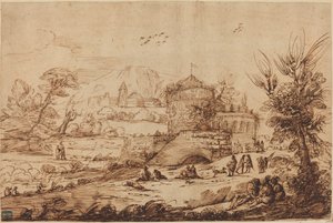 Landschaft mit Festung und Fluss