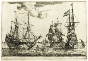 Drei vertäute Segelschiffe, aus Dreizehn Marineszenen von called Zeeman Reinier Nooms