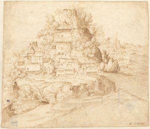 Ein Dorf am Fuße eines Hügels (recto) von circle of Giorgione