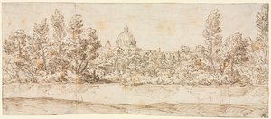 Flusslandschaft mit Blick auf die Petersbasilika von circle of Giovanni Francesco Grimaldi
