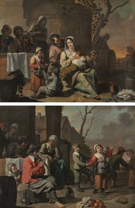 Weinszene und tanzende Bauernkinder (Gemäldepaar) von circle of Le Nain