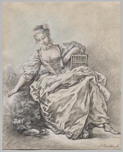 Sitzende Frau mit Vogelkäfig von copy after François Boucher