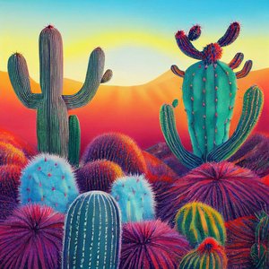 Ein lebendiges Gemälde: Sonnenuntergang auf Kaktusplateaus, Wandkunst von F. Abderrahim