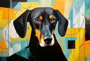 Ein Hund liegt auf dem Boden, bunte Abstraktion, Wandkunst | Leinwanddrucke
