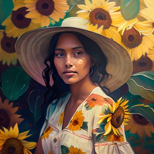 Abstraktes schönes mexikanisches Mädchenporträt mit Sonnenblumen