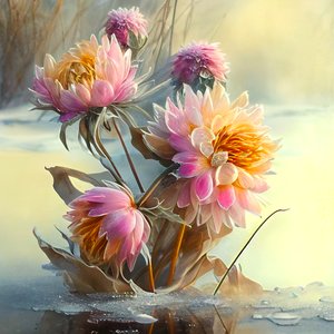 Abstrakte rosa & gelbe Dahlienblumen im eisigen Wind