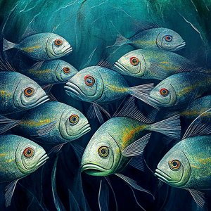 Fische im Ozeanwasser, Abstraktes Gemälde