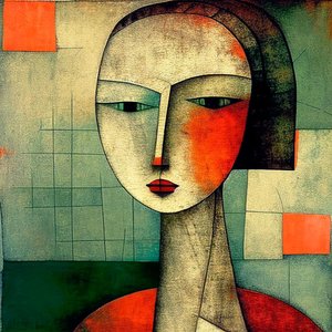 Augen des Geheimnisses: Abstrakte figurative Surrealismus-Damenporträt von F. Abderrahim