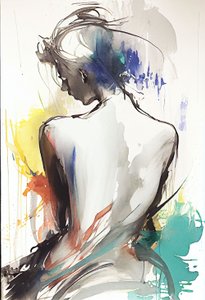 Aquarellzeichnung, die eine sitzende Frau von hinten darstellt von F. Abderrahim