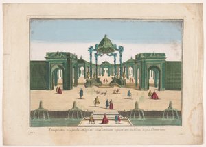 Ansicht der Pergola und der Brunnen eines Gartens des Königs von Dänemark