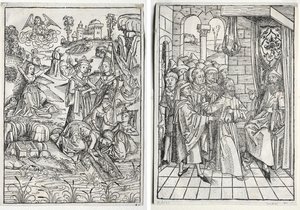 Der Schatzbehalter: Moses wird von der Tochter des Pharao gefunden (recto); Der Schatzbehalter: Christus vor Kaiphas (verso)