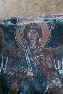 Engel mit Schwert, Fresko in der byzantinischen Kirche St. Georg, Komitades, Kreta, Griechenland (Foto)