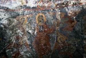 Christus mit Engeln und Heiliger, Fresko in der Kirche Panagia, Kitiros, Kreta, Griechenland (Foto) von Theodore Charles Ange Coquelin
