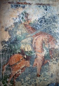 Mann zu Pferd mit Schwert, Fresko in der byzantinischen Kirche von Agios Athanasios, Kefali, Kreta, Griechenland (Foto)