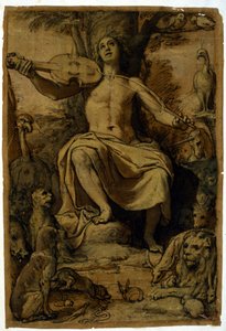 Orpheus verzaubert die Tiere mit der Musik einer Geige. Zeichnung von Federico Zuccari (1542 - 1609) von or Zuccaro Federico Zuccari