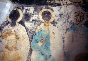 Heiligenfiguren, Fresko im Kloster Taxiarhis Mihail Roukouniotis, Panormitis, Insel Symi, Griechenland von Unbekannt Unbekannt
