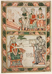 Titelseite von St. Gregors "Moralia": Hiob besucht von seinen drei Freunden (oben) und Gregor der Große und sein Diakon Peter (unten)
