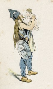 Ein gallischer Krieger mit seinem Kind. in „Frankreich, seine Geschichte erzählt von G. Montorgueil, illustriert von Job“ 1896. Private Sammlung