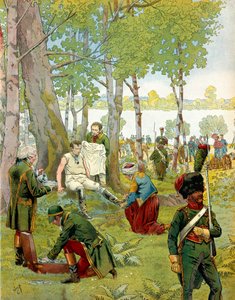 Abrüstungen von Napoleon I. Bonaparte (1769-1821) auf der Insel Lobau vor der Schlacht von Wagram am 5. und 6. Juli