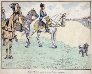 Nach Tilsit - Napoleon inspiziert die französische Armee nach der Unterzeichnung der Verträge von Tilsit, 7. Juli 1807 - Lithographie von Job (Jacques Onfroy de Breville) aus „Le Grand Napoleon des Petites Enfants“ 1893 von pseudonym for Onfray de Breville Jacques Job