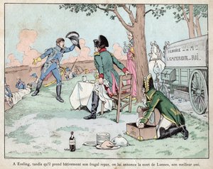 Schlacht von Aspern Essling - Napoleon erhält die Nachricht vom Tod von Marschall Lannes 1809 - Lithographie von Job (Jacques Onfroy de Breville) aus Le Grand Napoleon des Petites Enfants von pseudonym for Onfray de Breville Jacques Job
