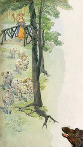 Hirte, der seine Schafe (Schafe und Widder) auf dem Land hütet, unter dem drohenden Blick eines Wolfes - Illustration von Job (Jacques Marie Gaston Onfroy de Breville) (1858-19131) für das Buch „La Cantiniere“ von G. Montorgueil, ca. 1900