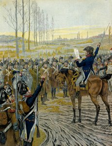 Feldzug von Österreich (1805): Proklamation von Kaiser Napoleon I. Bonaparte (1769-1821) an die Truppen vor der Schlacht von Austerlitz am 2. Dezember 1805. In „Napoleon“ von Georges Montorgueil. Illustration von Jacques Marie Gaston Onfray de Breville, ge