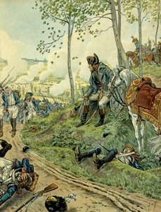 Italienfeldzug (1799-1800): Napoleon I. Bonaparte (1769-1821) in der Schlacht von Marengo am 14. Juni 1800 in Piemont (Italien), die die napoleonischen und österreichischen Armeen gegenüberstellt. Illustration von Jacques Marie Gaston Onfray de Breville, g von pseudonym for Onfray de Breville Jacques Job