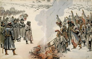 Russlandfeldzug (1812): Während des Rückzugs aus Russland befiehlt Napoleon I. Bonaparte (1769-1821), Fahnen und Adler zu verbrennen, um zu verhindern, dass der Feind sie erobert. In „Napoleon“ von Georges Montorgueil. Illustration von Jacques Marie Gaston