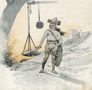 Eroberung Roms (Plünderung Roms im Jahr 390 v. Chr.). Geschichte von Brennus (Brennos), gallischer Kriegsherr, der das schreckliche Wort Vae Victis (Wehe den Besiegten) aussprach. in „Frankreich, seine Geschichte erzählt von G. Montorgueil, illustriert von von pseudonym for Onfray de Breville Jacques Job