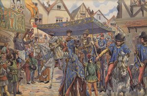 Menschenmengen auf den Straßen von Paris begrüßen Ludwig XI., als er aus Burgund kommt, um nach dem Tod seines Vaters Karl VII. sein Königreich zu beanspruchen von pseudonym for Onfray de Breville Jacques Job