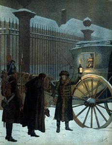 Niederlage der russischen Kampagne und Rückkehr nach Paris: Napoleon I. Bonaparte (1769-1821) in einer Sänfte, angekommen in den Tuilerien am 18. Dezember 1812 um 23 Uhr nach dem russischen Rückzug. In „Napoleon“ von Georges Montorgueil. Illustration von J