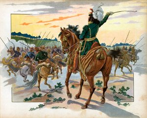 Während des Russlandfeldzugs rückte Joachim Murat (1767-1815) allein gegen die Kosaken vor und stellte sie allein durch seine Anwesenheit zurück. Gravur von Jacques Marie Gaston Onfray de Breville dit Job (1858-1931)