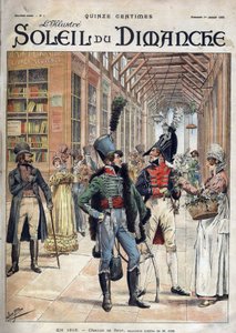 Jeder seine eigene Blume. Ein Soldat kaufte Blumen von einer Verkäuferin in einer überdachten Galerie in Paris im Jahr 1816. Nach einem Aquarell von Herrn Job. Gravur in „Le sun-du-dimanche“, 1. Januar 1899.