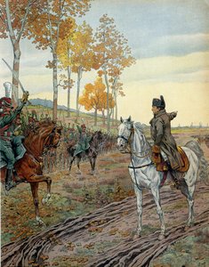 Kaiser Napoleon I. Bonaparte (1769-1821) sprach das zweite Regiment der berittenen Jäger im Jahr 1806 während des Feldzugs in Preußen (Deutschland) vor der Schlacht von Jena am 14. Oktober 1806 an. In „Napoleon“ von Georges Montorgueil. Illustration von Ja