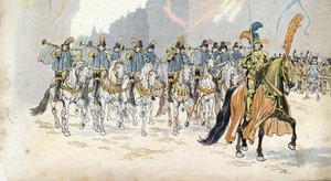 Einzug von König Karl VI. (1368-1422) in Paris begleitet von dreißig Trompeten. in 