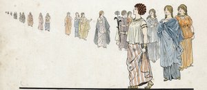 Frauen der „freien Bürger“ tragen ihre Kleider auf der Schulter befestigt und schwere Schmuckstücke an den Armen. In „Frankreich, seine Geschichte erzählt von G. Montorgueil, illustriert von Job“ 1896. Private Sammlung