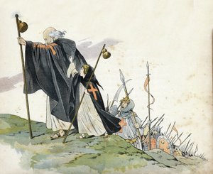 Erster Kreuzzug: Peter der Einsiedler (1050-1115) führt den Kreuzzug mit dem Ruf „Gott will es!“. Er trägt einen Mantel, schlägt mit einem Kreuz und hält eine Pilgerbulle. Ein kleines Mädchen, das Frankreich symbolisiert, begleitet ihn. in „Frankreich, ihr von pseudonym for Onfray de Breville Jacques Job