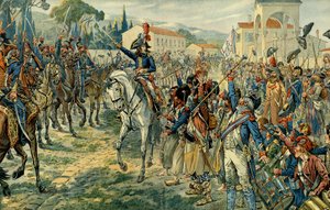Erster Italienfeldzug (1796-1797): Napoleon I. Bonaparte inspiziert die Armee von Italien in Nizza am 27. März 1796. Illustration von Jacques Marie Gaston Onfray de Breville, genannt JOB