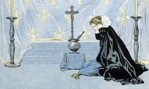 Frankreich, dargestellt von einer Frau mit schwarzem Umhang, trauert um den Tod von König Heinrich IV (1553-1610). in „Frankreich, seine Geschichte erzählt von G. Montorgueil, illustriert von Job“ 1896. Private Sammlung. von pseudonym for Onfray de Breville Jacques Job