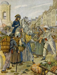 Französische Revolution 1789: Napoleon I. Bonaparte (1769-1821) von der revolutionären Bevölkerung und den Sansculotten in Les Halles unterstützt. Illustration von Jacques Marie Gaston Onfray de Breville dit JOB (1858-1931). Private Sammlung.