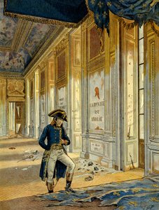 Französische Revolution von 1789: Napoleon I. Bonaparte (1769-1821) im Thronsaal des Tuilerienpalastes nach dem Durchzug der Revolutionäre, die den Ort verwüsteten (Illustration) von pseudonym for Onfray de Breville Jacques Job