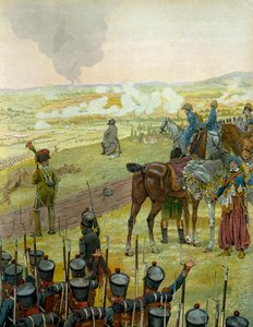 Deutscher Feldzug 1813: Napoleon I. Bonaparte (1769-1821) sitzt auf einer Trommel und denkt über seine Kampfstrategie während der Schlacht von Bautzen am 20. und 21. Mai 1813 nach. In „Napoleon“ von Georges Montorgueil. Illustration von Jacques Marie Gasto von pseudonym for Onfray de Breville Jacques Job