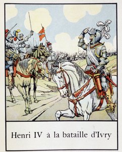 Henri IV (1553 - 1610) in der Schlacht von Ivry im Jahr 1590 - in „Petite histoire de France“ von Jacques Bainville, ed. Mane von pseudonym for Onfray de Breville Jacques Job