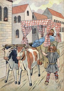 Geschichte Frankreichs. Szene, die faule Könige in Spielzeugen darstellt: König von Frankreich Thierry III. (673-691) fährt in einem Wagen mit einem Bett, das von Ochsen gezogen wird. In „Joujoux à l
