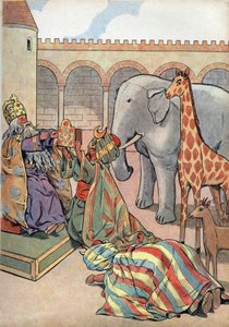 Geschichte Frankreichs. Szene aus dem Leben Karls des Großen in Spielzeug: Kalif Harun al-Raschid schenkt dem König von Frankreich Karl dem Großen (742-814) eine Giraffe, einen Elefanten und eine Uhr. In „Joujoux à l