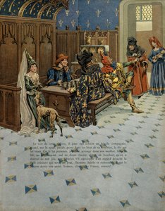 Geschichte Frankreichs im Mittelalter: Geburt von Ludwig (später König von Frankreich Ludwig XI., genannt der Kluge (1423-1483). Er wird seinem Vater König Karl VII. (1403-1461) vorgestellt. Illustration von Jacques Marie Gaston Onfray de Breville, genannt