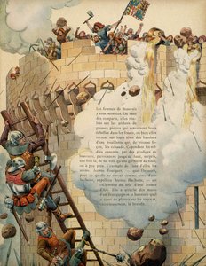 Geschichte Frankreichs im Mittelalter: Jeanne Laisne genannt Jeanne Hachette (gestorben 1454) verteidigt die Stadt Beauvais mit anderen Frauen, die während der Belagerung der Stadt im Jahr 1472 durch König Karl den Kühnen kochendes Öl von den Türmen werfen
