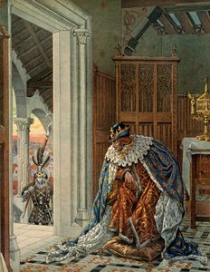Geschichte Frankreichs im Mittelalter: Der König von Frankreich Ludwig XI., genannt der Kluge (1423-1483), hat Angst vor dem Tod und kommt in Rüstung an die Tür. Illustration von Jacques Marie Gaston Onfray de Breville, genannt JOB (1858-1931) von pseudonym for Onfray de Breville Jacques Job