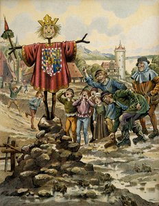 Geschichte Frankreichs im Mittelalter: Die Einwohner von Dinant machten eine Vogelscheuche mit den Armen des Grafen von Charolais (später Karl der Kühne), der die Stadt am 25. August 1466 stürmte. Illustration von Jacques Marie Gaston Onfray de Breville